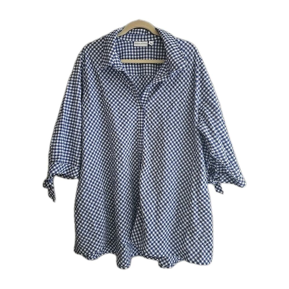 Susan Graver Blue Gingham 3/4 Sleeve Casual Button Down Shirt Womans Size 26W